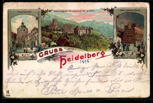 Lithographie Heidelberg, Ruprechtbau, Schloss von der Hirschgasse, das grosse Fass