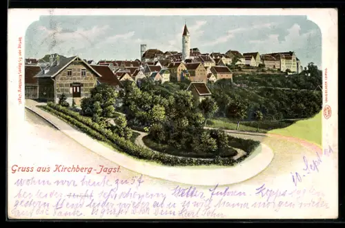 Lithographie Kirchberg-Jagst, Stadtansicht mit Kirche und Stadtturm