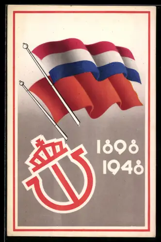 AK 50. Jubiläum der Königin Wilhelmina von den Niederlanden, Wappen, Flaggen