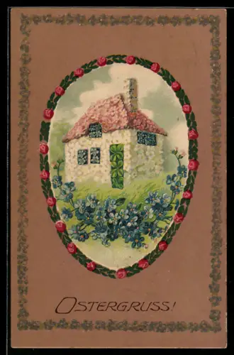 AK Wohnhaus aus verschiedenen Blütenpflanzen gebildet