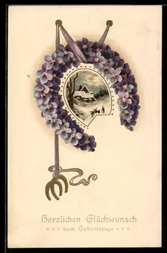 AK Hufeisen aus Veilchenblüten gebildet, Geburtstagswünsche