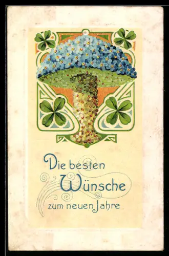 AK Pilz aus Blumen mit Kleeblättern, Neujahrsgruss