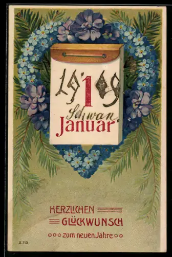 AK Kalenderblatt zum 1. Januar und Herz aus Blüten gebildet