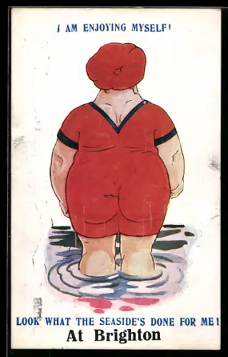 AK Beleibte Frau im roten Badeanzug am Strand von Brighton