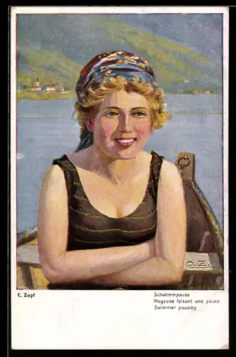 Künstler-AK Junge Frau im Badeanzug bei einer Schwimmpause im Ruderboot