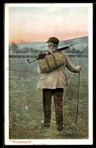 AK Älterer Herr mit Korb und Regenschirm auf dem Heimweg, Camping
