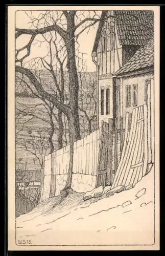 AK Ortsgruppe Weimar-Landheim-Saalborn vom Jung-Wandervogel, Strassenpartie mit Fachwerkhaus