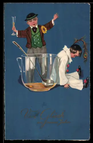 AK Junger Mann und leergetrunkene Bowlenschüssel, schlafender Harlekin