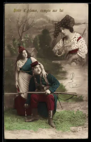 Fotomontage-AK Confiance nous sommes là!, Marianne mit Soldat und Elsässerin