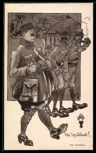 AK Zwei abgemagerte französische Soldaten beneiden wohlgenährten Offizier, Humorbild