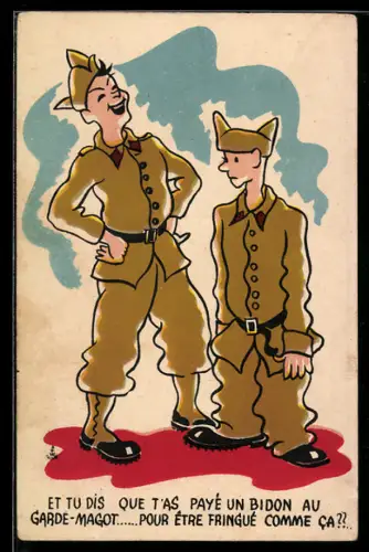 AK Zwei französische Soldaten in Uniformen mit Feldmützen, Humorbild