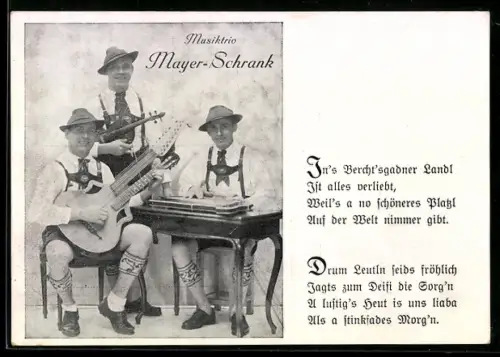 AK Musiktrio Mayer-Schrank, mit Zither, Schrammelgitarre, Geige, Gedicht In`s Berchtesgadner Landl...