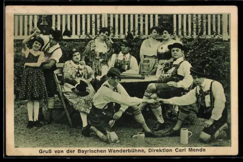 AK Bayerische Wanderbühne Carl Mende, Gruppenbild mit Zither, Fingerhakeln