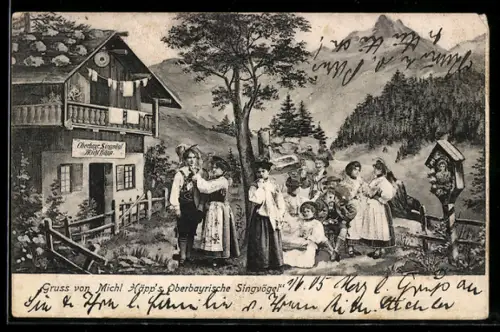 AK Michl Häpps Oberbayrische Singvögel, Gruppenbild in Bergkulisse