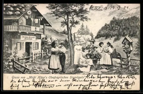 AK Michl Häpps Oberbayrische Singvögel, Gruppenbild, Bergkulisse