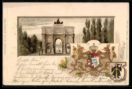 Passepartout-Lithographie München, Siegestor, Wappen, Münchner Kindl