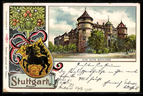 Passepartout-Lithographie Stuttgart, Das Alte Schloss, Wappen, Lorbeerbaum