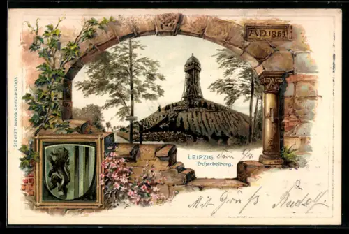 Passepartout-Lithographie Leipzig, Scherbelberg, Wappen, Burgtor