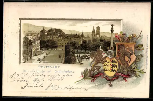 Passepartout-Lithographie Stuttgart, Altes Schloss mit Schlossplatz, Wappen