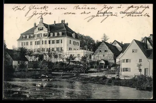 AK Laupheim, Grosses Gebäude, Panorama vom Wasser aus