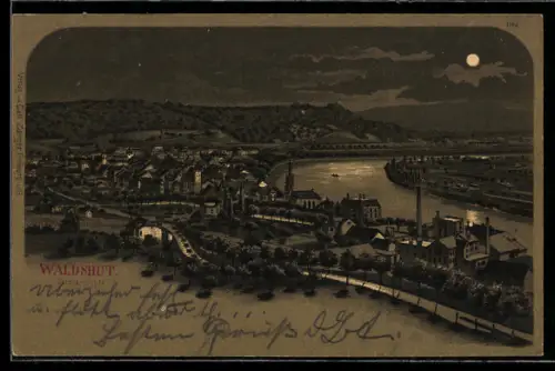 Mondschein-Lithographie Waldshut, Gesamtansicht bei Nacht, Rhein, Industrieanlagen