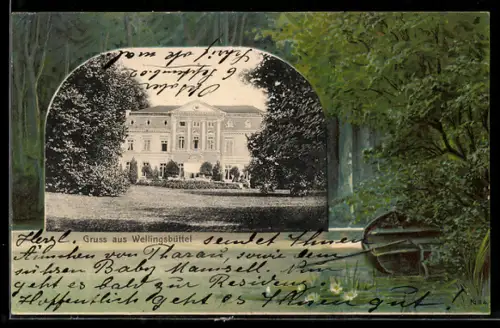 Lithographie Hamburg-Wellingsbüttel, Schloss, Waldpartie mit Kahn