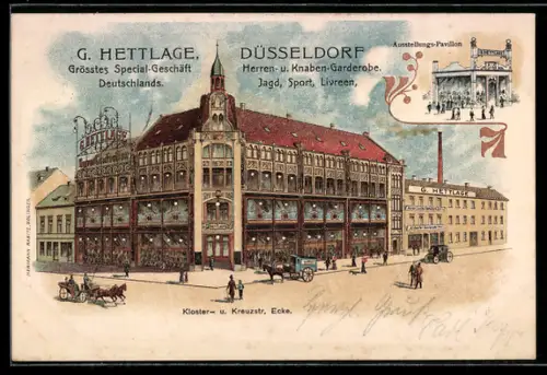 Lithographie Düsseldorf, Bekleidungsgeschäft G. Hettlage, Kloster- Ecke Kreuzstrasse, Ausstellungs-Pavillon