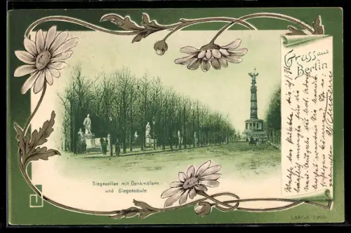 Lithographie Berlin-Tiergarten, Siegesallee mit Denkmälern, Blumen-Passepartout