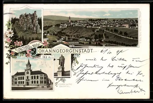 Lithographie Johanngeorgenstadt, Rathaus, Johann Georg Denkmal, Ortsansicht, Felsenformation