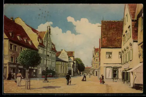 AK Memmingen, Bahnhofstrasse, Panorama mit Geschäften