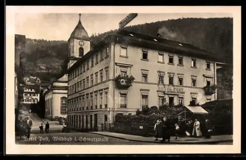 AK Wildbad i. Schwarzwald, Hotel Post, Kirche, Verkaufsstand