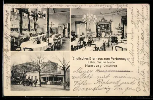 AK Hamburg, Englisches Bierhaus zum Portermeyer, Cirkusweg, Innenansichten und Aussenansicht