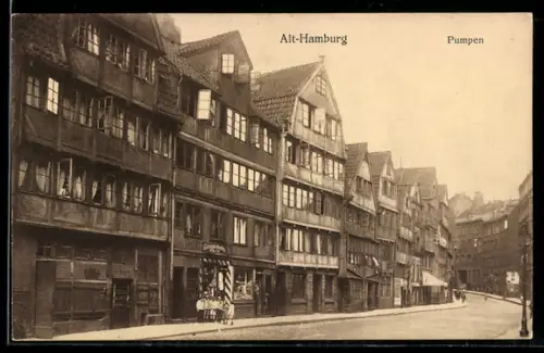 AK Hamburg, Alt-Hamburg, Pumpen, historische Fachwerkhäuser, Strassenpartie