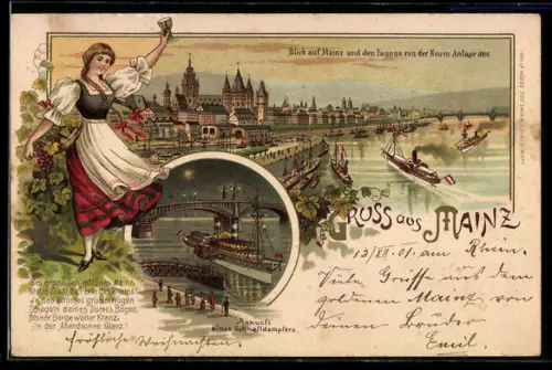 Lithographie Mainz, Blick auf Ort u. Taunus, Ankunft eines Schaufelraddampfers, Mainzerin in Tracht