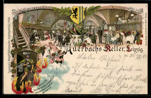 Lithographie Leipzig, Auerbachs Keller, Faust-Keller, Goethe-Zimmer, Wappen