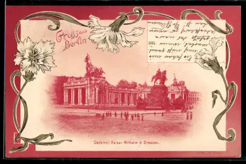Lithographie Berlin, Denkmal Kaiser Wilhelm d. Grossen, Nelken