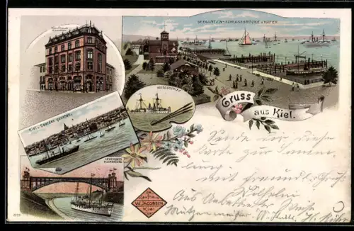 Lithographie Kiel, Kaufhaus W. Jacobsen, Seegarten-Schlossbrücke, Kriegsschiffe