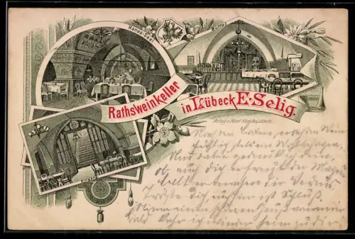 Lithographie Lübeck, Gaststätte Rathsweinkeller E. Selig, Hansasaal, Eingang, Buffet, Wappen
