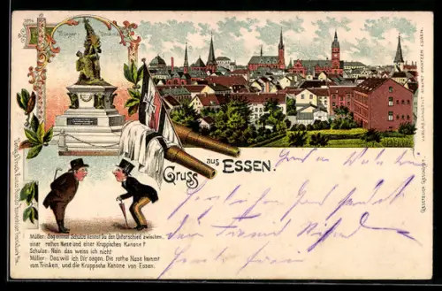 Lithographie Essen, Ortsansicht, Krieger-Denkmal, Kanonen, Müller u. Schulze