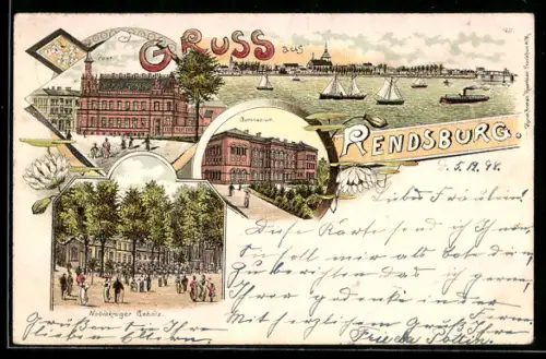 Lithographie Rendsburg, Post, Gymnasium, Nobiskrüger Gehölz