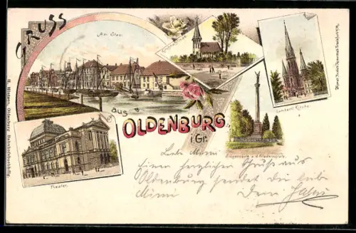 Lithographie Oldenburg i. Gr., Am Stau, Theater, Lambertikirche, Siegessäule