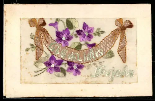 Seidenstick-AK Blume mit Schleifenband, Neujahrsgruss