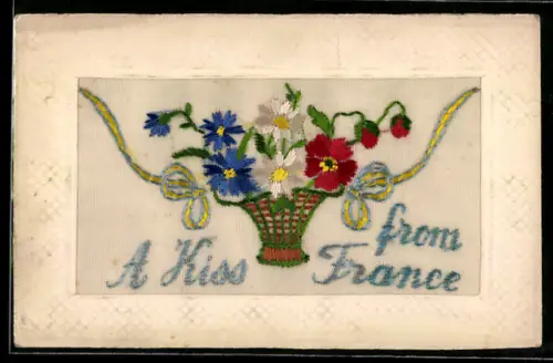 Seidenstick-AK France, Blumenkorb mit Schleifen