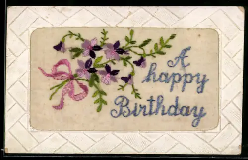Seidenstick-AK Blumenzweig mit Schleife, Geburtstagsgruss