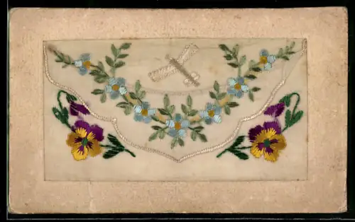 Seidenstick-AK Flugzeug mit Blumengirlande