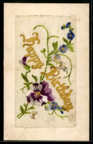 Seidenstick-AK Blütenzweig, Geburtstagsgruss