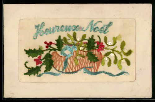 Seidenstick-AK Mistelzweige, Weihnachtsgruss