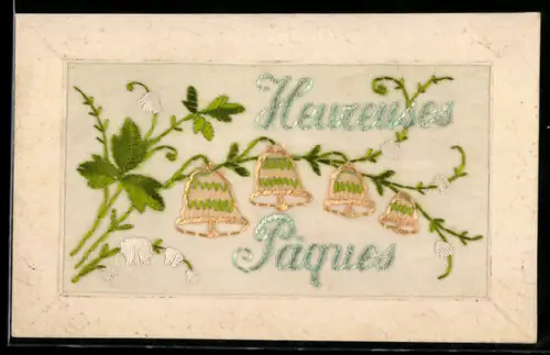 Seidenstick-AK Zweige mit Glocken, Ostergruss