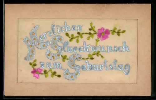 Seidenstick-AK Blütenzweige, Geburtstagsgruss