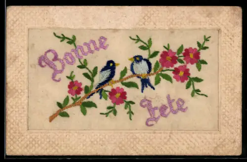 Seidenstick-AK Blumenzweig mit zwei Vögeln, Geburtstagsgruss